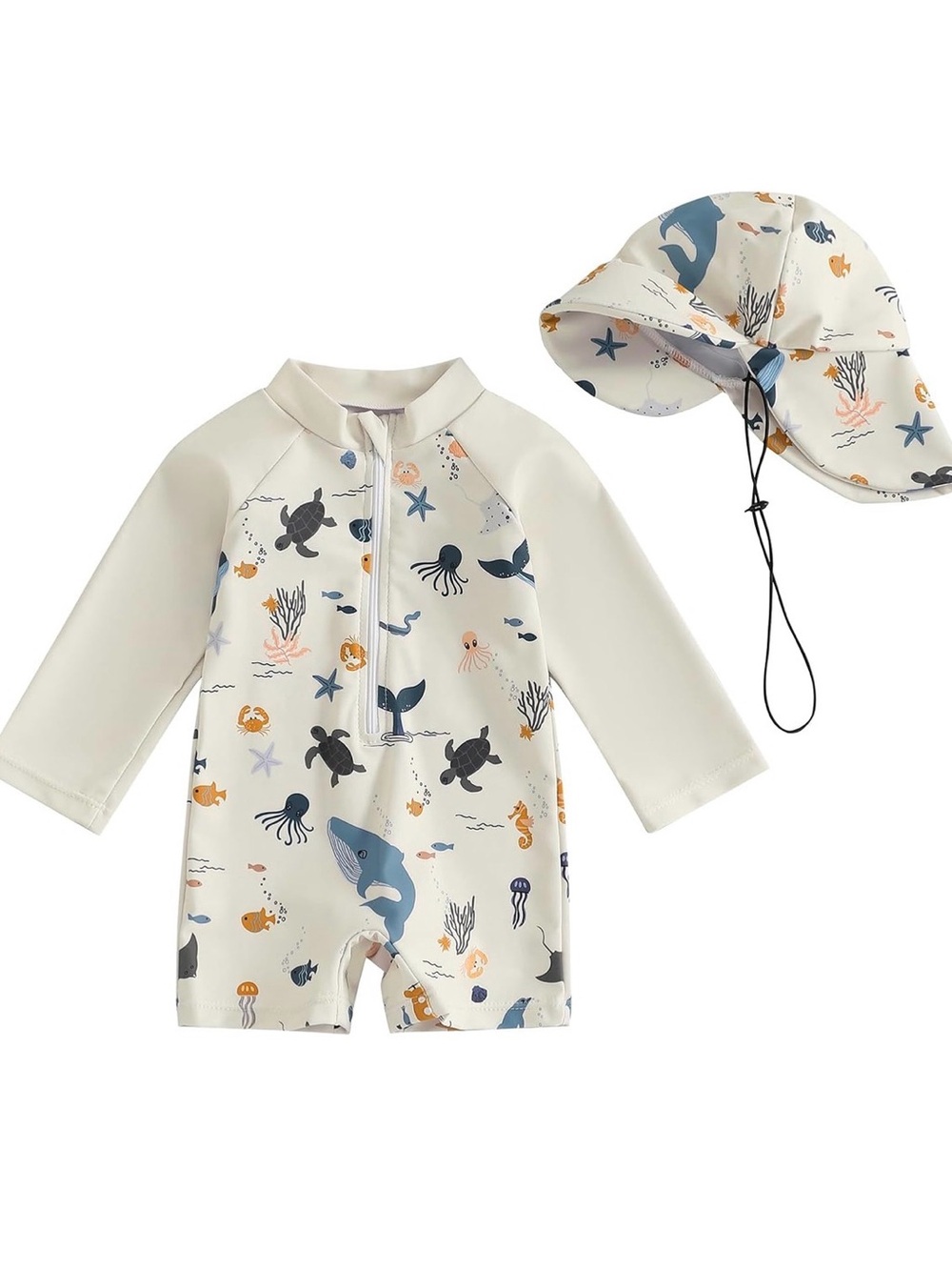 Kids Long Sleeve Ocean Print Rash Guard Swimsuit with Sun Hat - White/Blue